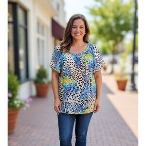 VALERIE STEVENS Multicolor Popover Blouse Shirt Top Women's Medium Open Back NEW